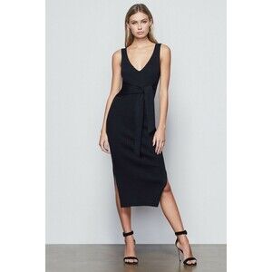 Good American Belted Body Dress 1 Black Ribbed Bodycon Sleeveless Knit Tie